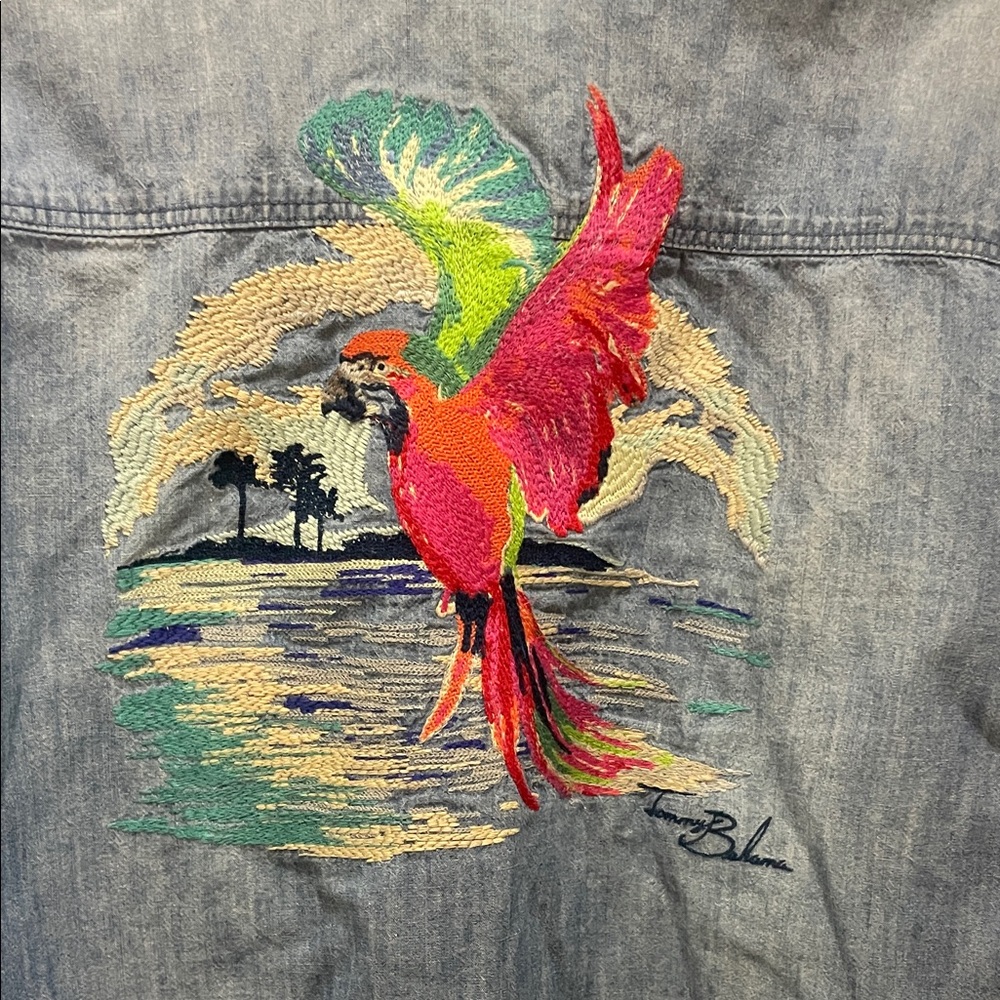 Live the Island Life Tommy Bahama Unique Denim Shirt w/Colorful Bird Embroidery